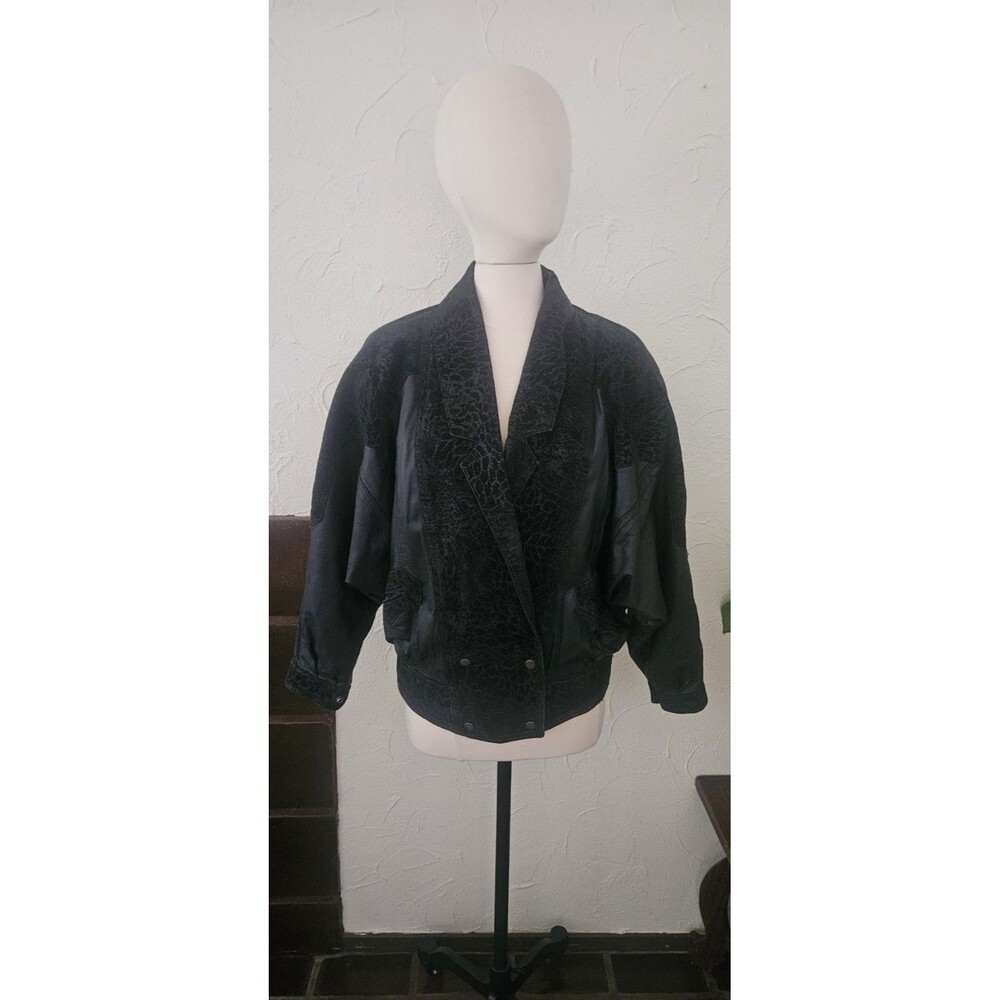 80s Leather Black Vintage Bomber  L